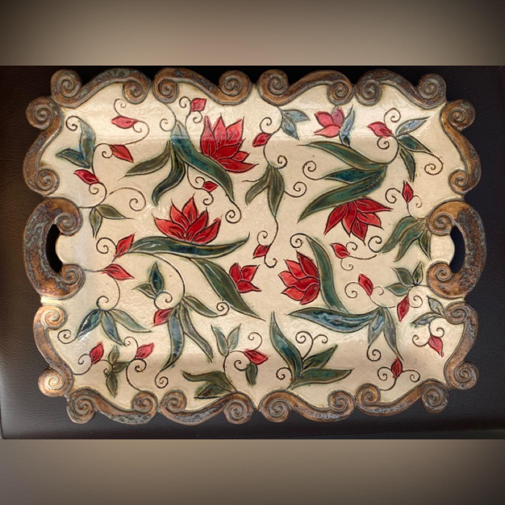 Signed Serving Tray Studio Art Pottery Handmade Stoneware Bucks Floral
